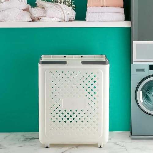 Horizonite Large Foldable Laundry Basket with Wheels | White Plastic Rolling Laundry Hamper | Ventilated Airflow Design | Space Saving Collapsible Storage Basket with Handles | 47 x 37 x 8 cm