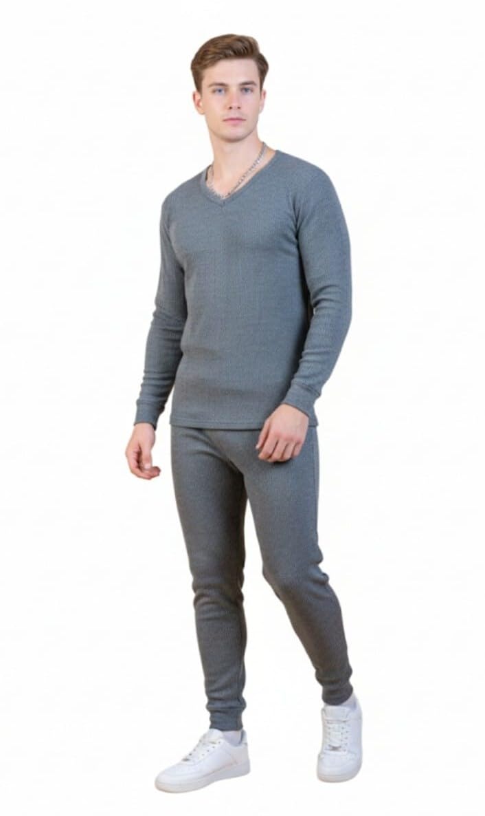 Men Thermal Suit, Grey, V-Neck Long Sleeve Top with Matching Bottoms, Cotton Blend Brushed Fabric.-image-47
