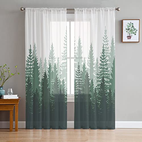 Green Forest Semi Sheer Curtains 63 inch Length, Nature Tree