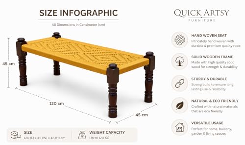Image of Handwoven Wooden Bench | Traditional Rope Charpai Stool | Solid Wood Frame Seating for Living Room, Balcony & Outdoor | Durable & Stylish Design (Yellow)