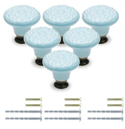 セラミック引き出しノブ 家具取っ手 箪笥 建築金具ツマミ 陶器 つまみ ノブ 戸棚食器棚 装飾 DIY 建築金具 戸棚引き 6個セット (6, スカイブルー)
