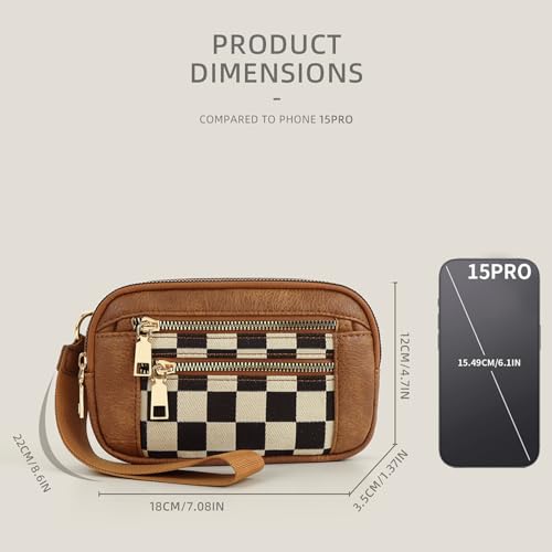 RFID Blocking Wristlet Wallet for Women - PU Leather Crossbody Bag with Transparent Card Slots, Lightweight Card Holder & Coin Pocket for Daily Essentials (Checkered Brown)3