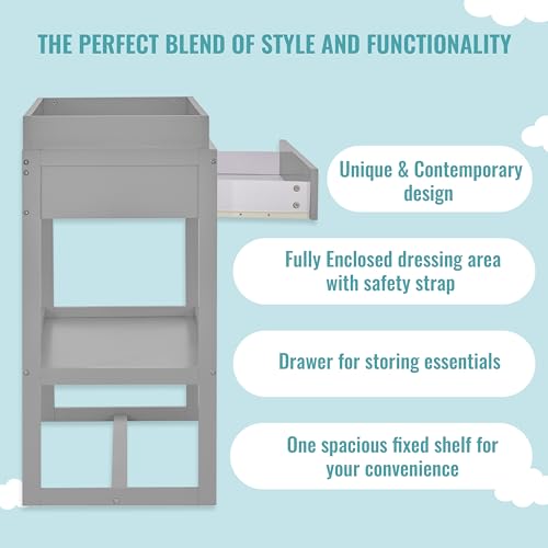 Image of Dream On Me Arlo Changing Table with Pad & Safety Strap - Pebble Grey | Solid New Zealand Pinewood, Non-Toxic Finish, Spacious Fixed Storage Shelf for Diapers, Water-Resistant 1 inch Pad