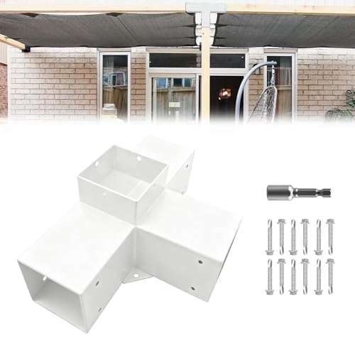 Image of 1Pack 4-Way Pergola DIY Bracket Kit,White Heavy Duty Right Angle Corner Brackets with Screws for 4 inchx4 inch(Actal:3.5 inchx3.5 inch) Wood Beams for Outdoor Pavilion,Kitchen,Porch,Hammock,Hunt Cabin
