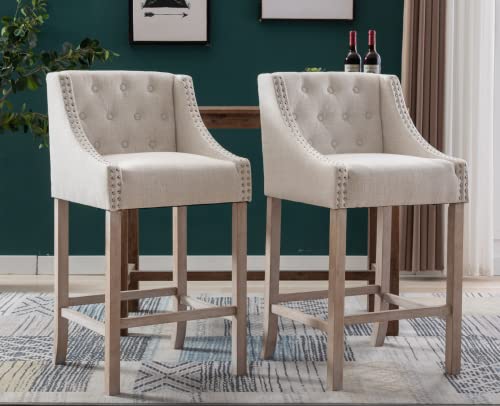 Ealson Modern Bar Stools Set Of 2 Bar Height Barstools With Back Mid Century High Bar Chairs With Wood Legs Farmhouse Upholstered Island Chairs For Kitchen Counter/Home Bar/Pub, Linen Beige #TOP3