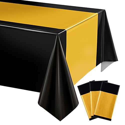 3 Pieces Tablecloth Black Plastic Table Cover Rectangle Disposable Tablecloth Set for Graduation Birthday Wedding Anniversary Picnic Festive Events Party Table Decoration Supplies (Black and Gold)