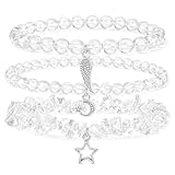 Elenviorina 3 Pcs Clear Quartz Crystal Bracelets Set – Natural White Crystal Beaded Bracelet with Chip Stone Layered Design – Stackable Elastic Gemstone Bracelets with Wing, Moon and Star Charms