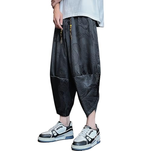HZCX FASHION Men Chinese Dragon Satin Jacquard Harem Pants Baggy Wide Leg Capri Ethnic Drawstring Beach Yoga Shorts 3/4 Pants(Black,Medium)