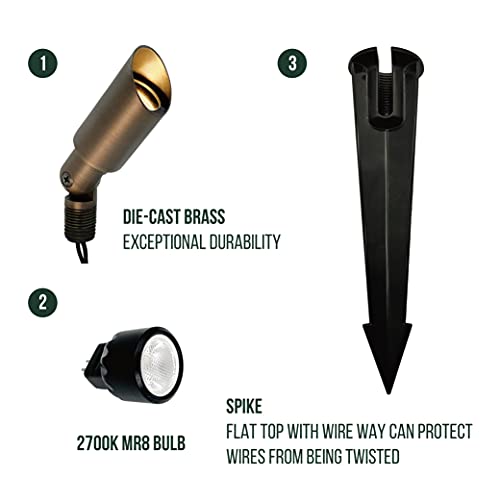Gkoled Mini Size Brass Landscape Spotlight, Low Voltage 12V Ac/Dc Outdoor Directional Up Light, 180 Lumens, 3W Mr8 Led Bulb Abs Ground Stake Included, 2700K, Garden Patio Trees Spot Uplight (10-Pack) #TOP4