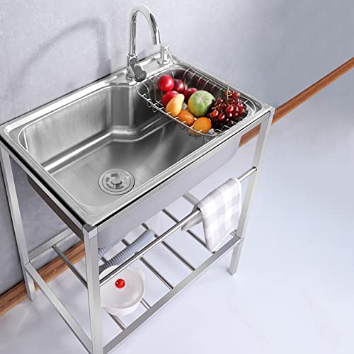 Free Standing Thicken Single Bowl Sink,304 Stainless-Steel Utility Sink ,Kitchen Sinks With Drainboard 1 Compartment With Faucet,For Garage,Restaurant,Kitchen,Laundry Room,Indoor Outdoor ( Color : Hot #TOP16