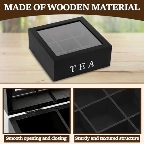 Camouflage Net Tea Bag Organizer with Lid Wooden Tea Box 9 Compartments Tea Caddy 23x23x9cm Desktop Storage Container with Dividers for Sugar Packets, Sweeteners, Small Packets (Black) - Image 3