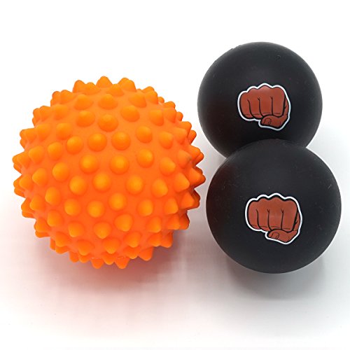 Juego de Bola de Masaje para Atletas  Dos (2) Bolas de Caucho Sólido + Una (1) Bola de Liberación Miofascial de Punto de Activación con Puntas Blandas + Cómoda Bolsa de Viaje [Negro y Naranja]