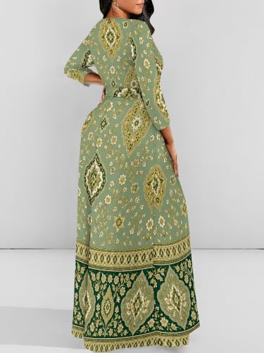 Image of Women Plus Size Long Sleeve V Neck Maxi Dress with Belt | Soft fabric relaxed fit three quarter sleeve v neck with pockets for party and daily wear