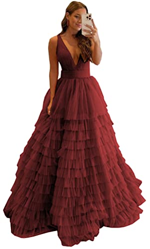 Tulle Tiered Prom Dresses for Women 2025 V Neck Formal Evening Dress Long Ball Gown