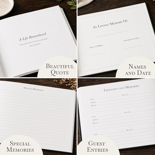 Funeral Guest Book for Celebration of Life Memorial Service - Pen Included - Memory Book for Funeral Guests - Table Sign & Back Pocket - 300 Entries, Gold Foil, 9x7 Inches — view 4