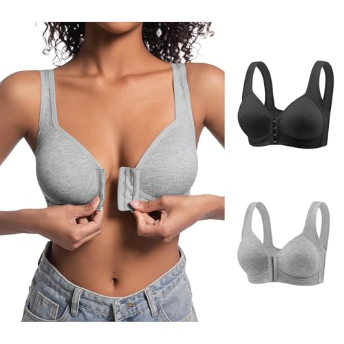 EssElegance Pack Front Closure Bras for Women Full Coverage Lace Wireless Bralettes, Soft Breathable Support Everyday Bras 2 Pack Black Gray