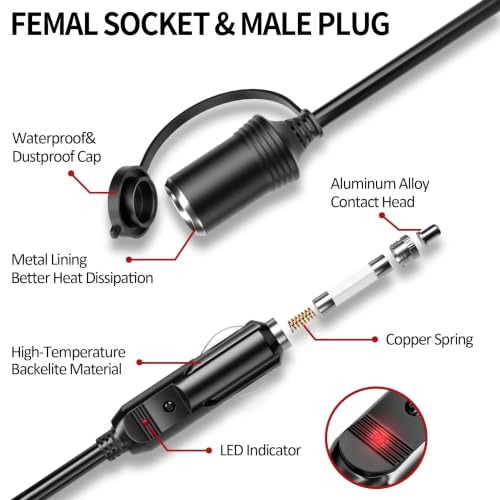 Image of Energeaster 26FT 12V /24V Cigarette Lighter Extension Cord 16AWG, Black | Male to Female Socket 72W /6A Extension Cable with LED Light for Air Compressors, Mini Fridges, Car Vacuums, Other 12V Devices