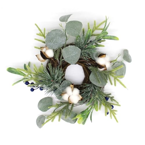 CVHOMEDECO. Rustic Country Artificial Christmas Wreath, Snowy Pine Branch Eucalyptus Leaves Cotton Peach with Twig Wreath for Indoor or Outdoor Display, 9-Inch