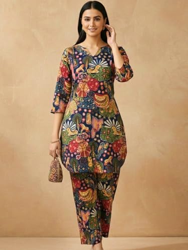 Image of Bee M Pee Designer Trendy Floral Printed Poly Rayon Cotton Kurta Coord Sets for Women | Stylish Casual Kurti Tunic Cord Set with Pant for Woman for Office
