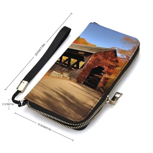 Albany Covered Bridge Ladies' Leather Wallet With Hand Strap Slim Vertical Purse Wallets Card Case Long Zip Around Long Wallet Credit Cards Holder Phone Clutch2