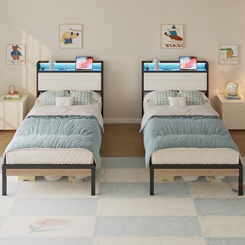 Image of LIKIMIO Twin Bed Frame with Storage Headboard & LED Lights, Metal Platform Bed with Charging Station, Noise Free, No Box Spring Needed, Under Bed Storage, Natural and Cream