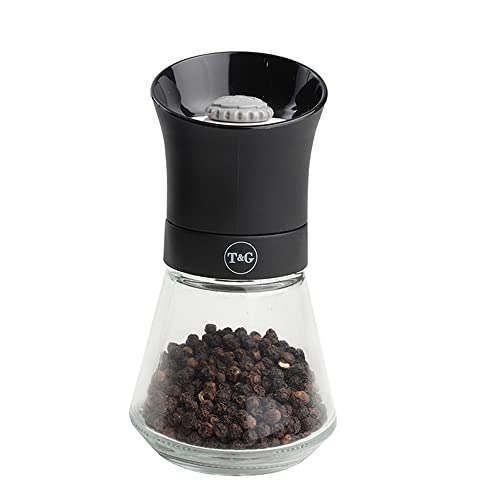 T&G 11090 CrushGrind Tip Top Pepper | Peppercorn Mill with Glass Base, 12.5 cm, Black | Gourmet Fully Adjustable Ceramic Manual Grinder | Shaker | Coarse & Fine | Easy Fill