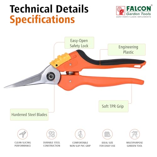 Image of FALCON FPS-212 Pruning Secateur By Pass Type with 215mm Sharp Blade Branch Wood and Flower Plant Cutter Gardening Tool for Home Garden & Agriculture (Pack of 1)