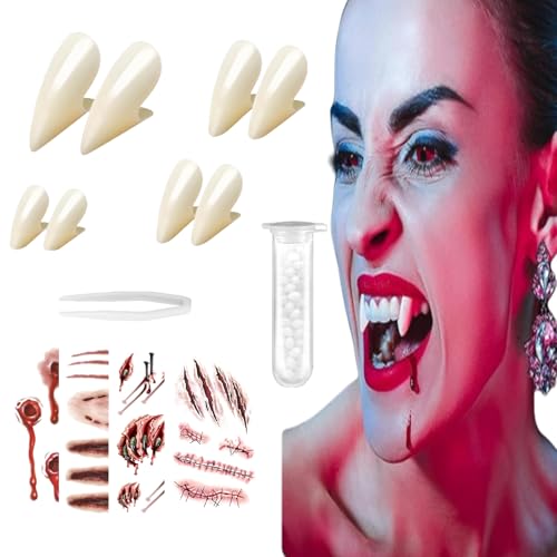 GWAWG Kit de dentes vampiro (4 tamanhos) com autocolante dental 4 folhas de tatuagem temporárias - disfarces de Halloween, festas de cosplay e acessórios de fantasia
