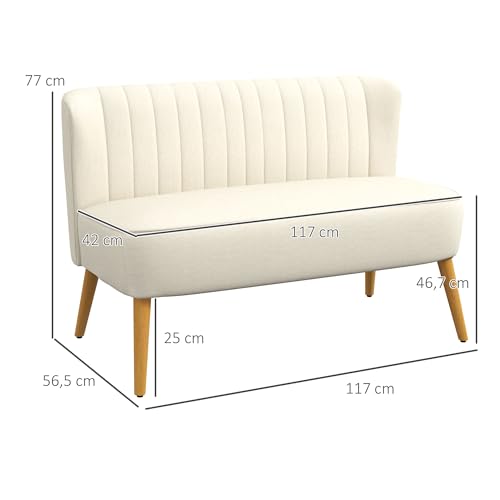 HOMCOM Canapé 2 Places, canapé de Salon en Tissu Aspect Lin 117 cm, Assise et Dossier rembourrés et Pieds en Bois d'hévéa, Style Moderne, Sofa pour Chambre, Appartement, Petit Espace, crème – Image 4