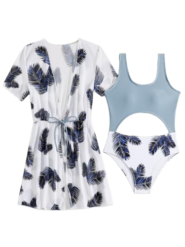 Image of Girl's 2 Piece One Pieces Set Tropical Print Bathing Suit Swimwear with Kimono Cover Ups Blue 140