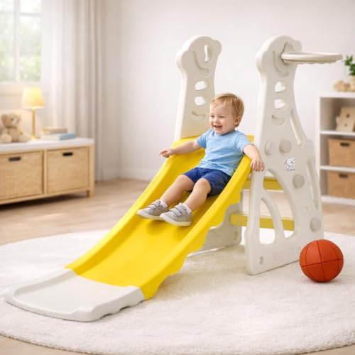 Image of Storio Kids Slide with Basketball Hoop Penguin Theme - Indoor & Outdoor Slide for Kids Ages 2-4 | White & Yellow | Safe, Sturdy & Fun Playset | Easy Assembly Toddler Slide for Boys & Girls