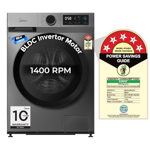 Image of Midea 7 Kg 5 Star Fully Automatic Front Load Washing Machine with Inverter Motor, Self Clean Drum Technology, 15 Wash Programs (MFG17W70B /T-IND, Titanium Grey)