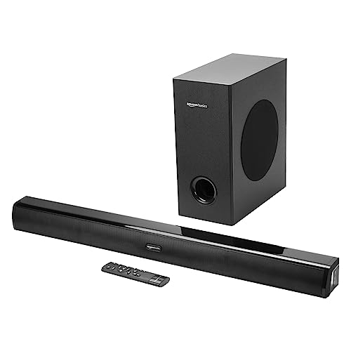 amazon basics Soundbar with Wired Subwoofer, 150W RMS, 2.1 Channel, Remote Control, BT v5.3, HDMI (ARC), Optical, Aux, USBy, Compatible with TVs, Smart Phones, Tablets, PCs (Black)