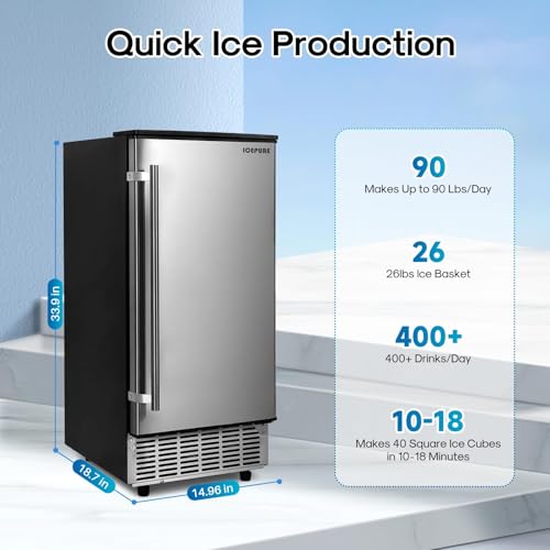 Image of ICEPURE Under Counter Ice Maker with Drain Pump, Built-in 15 inch Wide, 90 lbs /24H Freestanding Commercial Ice Machine, Auto-Cleaning, 24H Timer 26 lbs Storage Stainless Steel, Silver Gray