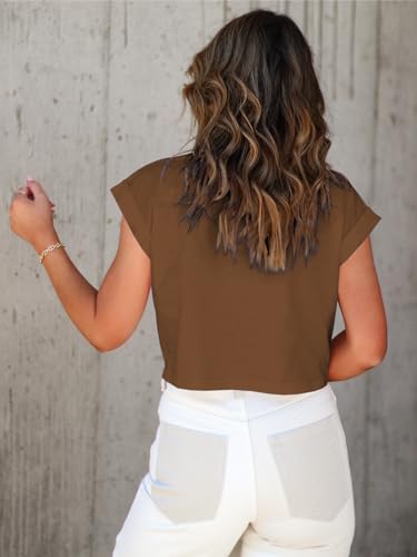 Image of Tankaneo Womens Short Sleeve Cropped T-Shirts Summer Rolled Dolman Sleeve Crop Tops Casual Round Neck Solid Short Basic Tees