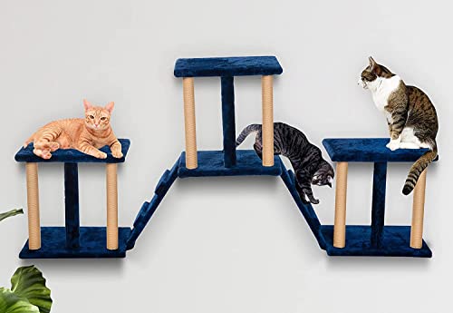 Image of Callas Wall Hangign Cat Activity Tree with 6 Sisal Scratching Posts, 2 Stairs, 3 Posts with Soft Cloth | Cat Tower Furniture Kitty Activity Centre Kitten Play House (Code-908 | Color - Blue)