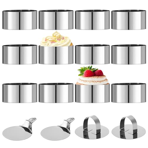 HAOYULUO 12 Stück Dessertringe und Speiseringe,Edelstahl Servierringe 8cm, Ausgestattet mit 2 Grundplatten und 2 Deckeln, Geeignet für die Herstellung von Keksen, Donuts und Kuchenbackformen