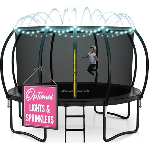 JoyBerri Upsurge Trampoline Outdoor - ASTM Certified Safe 8Ft 10Ft 12Ft 14Ft 15Ft 16Ft Recreational Trampoline for Kids and Adults. Anti-Rust Coating with Enclosure Net, Ladder, Sprinkler & LED Lights