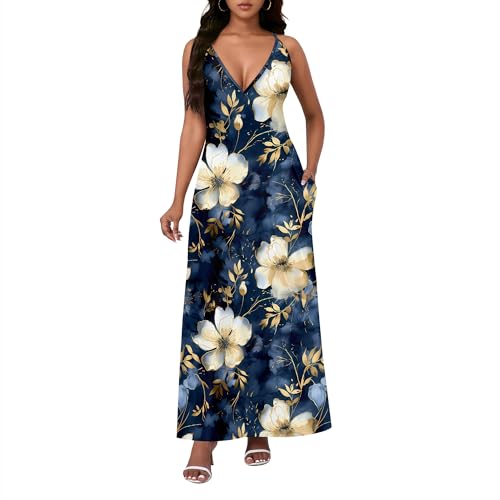 Image of Women Spaghetti Strap Maxi Dress with Pockets | Soft fabric relaxed fit sleeveless v neck with pockets for party and daily wear