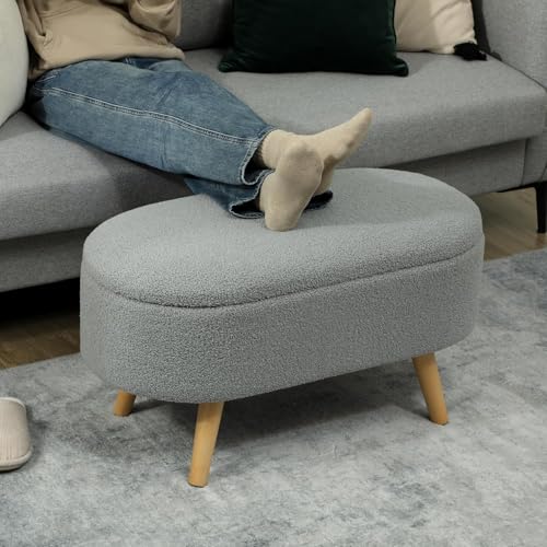 Image of Upholstered Ottoman Bench with Storage, Boucle Fabric, 39 Litre Hidden Storage, Heavy Duty 120 Kg Load Capacity, Multipurpose Seating for Living Room & Bedroom, Grey