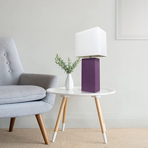 Lalia Home Lexington 21" Leather Base Modern Home Decor Bedside Table Lamp With White Rectangular Fabric Shade, Eggplant Purple #TOP4