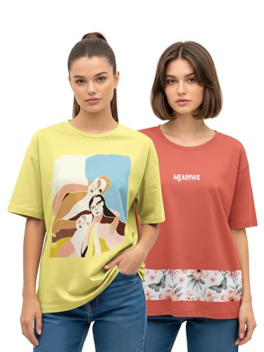 Image of HELLCAT Multicolor Printed Oversized T-Shirt for Women |Pack of 2 T-Shirt