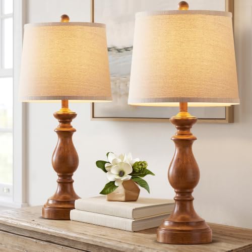 Image of PARTPHONER Traditional Table Lamp Set of 2, Rustic Farmhouse Table Lamps for Living Room Bedroom, 27 inch Bedside Desk Lamps Vintage Nightstand Lamps with Linen Shades, Wood Grain