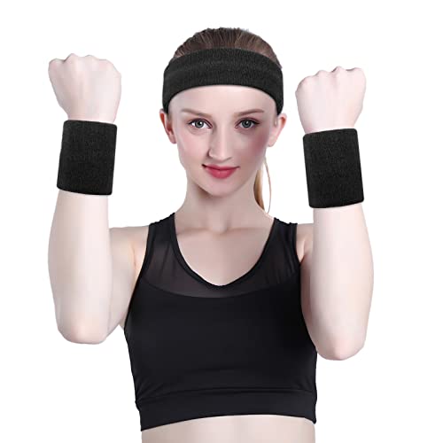 Image of ONUPGO Black Sweatband Set Cotton Headband Wristband Set Sweatbands Terry Cloth Wristband Wrist Sweatband Headbands Moisture Wicking Sweat Absorbing Head Band