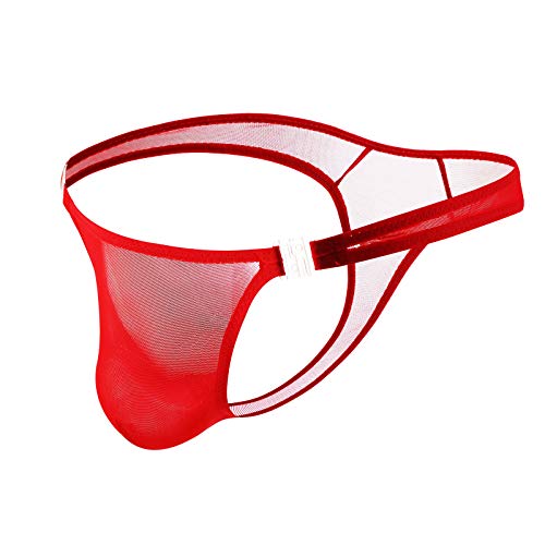 Men's Sexy Adjustable Mesh Briefs Thong Male Comfort See through Underwear Breathable Solid Underpants Soft Briefs Panties Bulge Enhancing Lingerie Mankini Bare Buttocks KnickersÂ (Red,One Size)