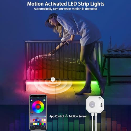 Image of Motion Sensor LED Cabinet Strip Light for Home 5M USB Closet Lamp Adhesive, App Control, Dimmable, Timer & Auto-Off, 7 Static & 4 Dynamic Modes Night Light with Sensor for Stairs, Kitchen, Wardrobe