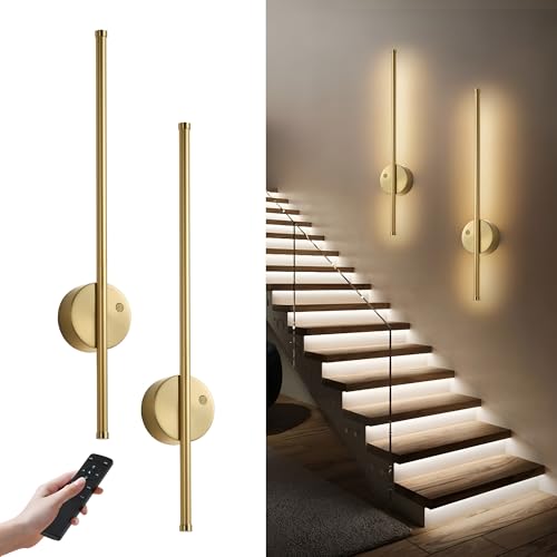 Image of KARTOOSH Brass Battery Operated Wall Sconce Set of Two with Motion Sensor | Rechargeable Wireless Wall Lights with Remote Control, Dimmable, 3000K /4000K /6000K, Timer for Living Room, Hallway,23.6 Inch