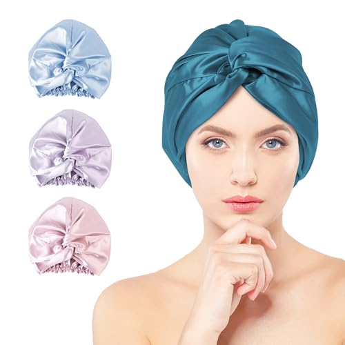 townssilk 100% Mulberry Silk Women's Night Hat, 16 Momme Sleep Cap, Silk Shower Cap, Good for Hair, Protects Hair, Silk Night Hat, Double Layer, Peacock Blue - Image 2