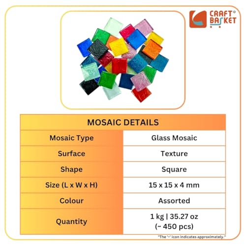 Image of Assorted Colours Glass Mosaic Tiles (20 Variations) (All Packs: 100 g,200 g,1 kg,1 kg), DIY Mosaic Art, Decoration, Crystal Glass Mosaic Tiles (Texture Square 15 x 15 mm), 1 kg