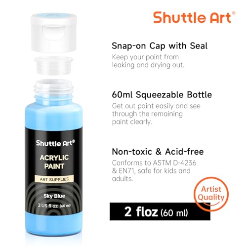 Image of 72 Pack Acrylic Paint Set, Shuttle Art 60 Colors Acrylic Paint Including Extra White Black & 12 Brushes, 2oz /60ml, Rich Pigmented, Water Proof, Ideal for Artists, Beginners on Canvas Rock Wood Ceramic